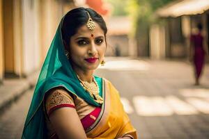 un mujer en tradicional sari poses para un retrato. generado por ai foto