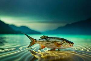 un pescado es en pie en el playa en frente de un montaña. generado por ai foto