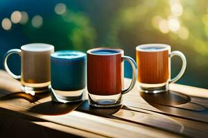 four different colored coffee mugs on a wooden table. AI-Generated photo
