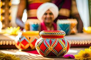 a woman in a turban is holding a colorful pot. AI-Generated photo
