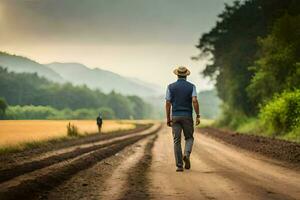 a man walking down a dirt road in the country. AI-Generated photo