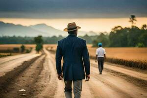 a man in a suit and hat walks down a dirt road. AI-Generated photo