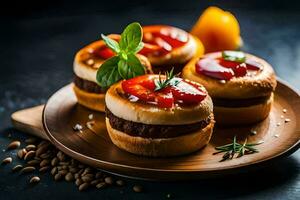 three mini burgers on a plate with spices. AI-Generated photo