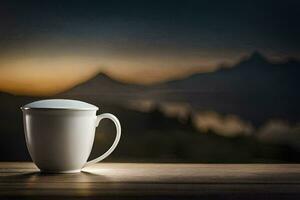 a coffee cup sits on a table in front of a mountain. AI-Generated photo