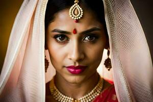 a beautiful indian woman wearing a traditional bridal outfit. AI-Generated photo