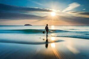 a man standing on the beach with his surfboard. AI-Generated photo