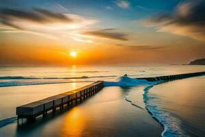 a long pier on the beach at sunset. AI-Generated photo