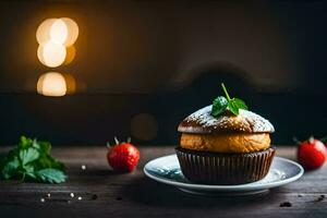 a cupcake with chocolate frosting and strawberries on a plate. AI-Generated photo