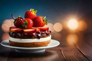 a cake with strawberries and cream on top. AI-Generated photo