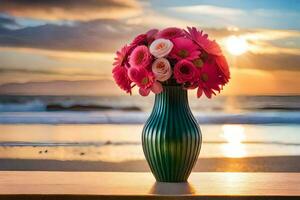 a vase with pink flowers on a table in front of the ocean. AI-Generated photo