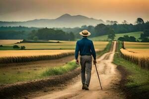 a man walking down a dirt road with a cane. AI-Generated photo