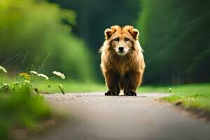 un león es caminando abajo un la carretera en el bosque. generado por ai foto