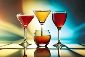 four different types of alcoholic drinks in glasses. AI-Generated photo