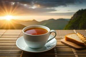 un taza de té y un rebanada de un pan en un bambú estera. generado por ai foto