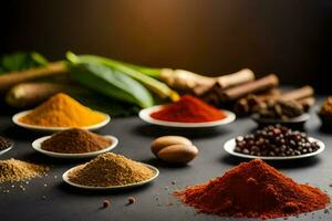 various spices and herbs are arranged in bowls. AI-Generated photo