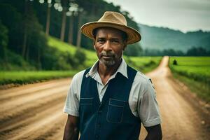 un hombre en un sombrero en pie en un suciedad la carretera. generado por ai foto