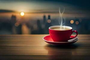 a cup of coffee on a wooden table with a cityscape in the background. AI-Generated photo