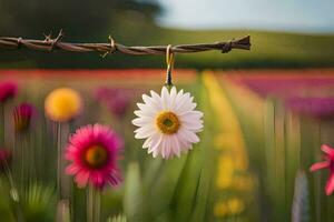 a daisy hanging from a barbed wire fence in a field. AI-Generated photo