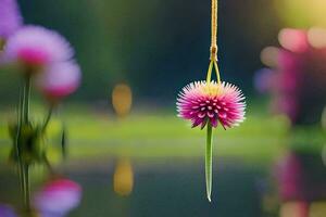 a pink flower hanging from a string. AI-Generated photo