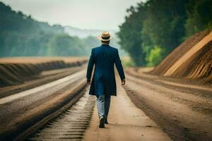 un hombre en un sombrero y traje caminando abajo un suciedad la carretera. generado por ai foto