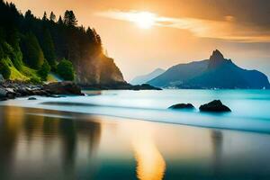 un playa a puesta de sol con rocas y arboles generado por ai foto