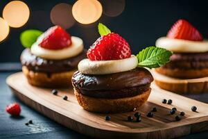 three mini cupcakes with chocolate frosting and strawberries. AI-Generated photo