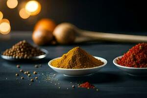 spices in bowls on a dark table. AI-Generated photo