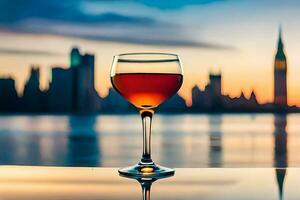 un vaso de vino en un mesa en frente de un ciudad horizonte. generado por ai foto