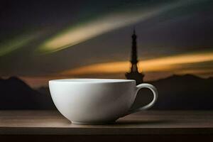 un taza de café en un mesa con el eiffel torre en el antecedentes. generado por ai foto