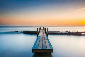 a long exposure photograph of a dock in the ocean. AI-Generated photo