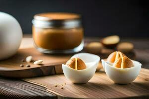 three eggs in shells with peanut butter on a cutting board. AI-Generated photo