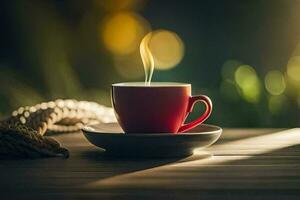 a red cup of coffee on a wooden table. AI-Generated photo