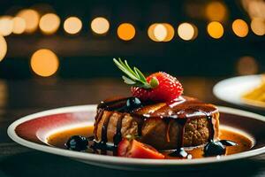 a dessert with strawberries and syrup on a plate. AI-Generated photo