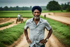 a man in a turban standing on a dirt road. AI-Generated photo