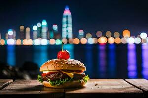 un hamburguesa con un Cereza en parte superior se sienta en un mesa en frente de un ciudad horizonte. generado por ai foto