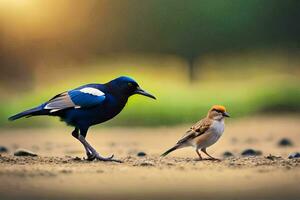 un pájaro y un pájaro son en pie en el suelo. generado por ai foto