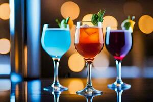 three glasses of different colored drinks on a bar. AI-Generated photo