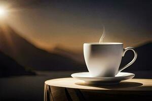 a cup of coffee on a table in front of a mountain. AI-Generated photo