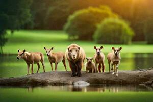 a bear and her cubs standing on a log in front of a lake. AI-Generated photo