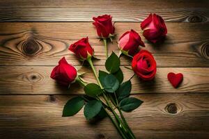 red roses on a wooden table. AI-Generated photo