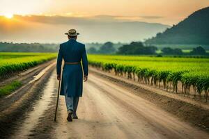 a man in a blue suit walks down a dirt road. AI-Generated photo