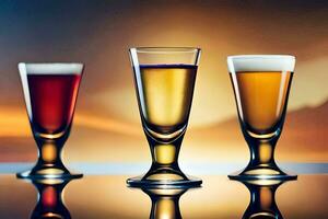 Tres diferente tipos de cerveza en lentes en un mesa. generado por ai foto
