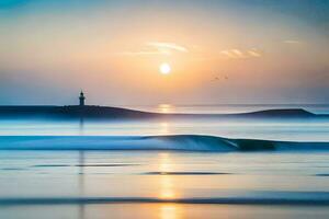 a lighthouse in the ocean at sunset. AI-Generated photo