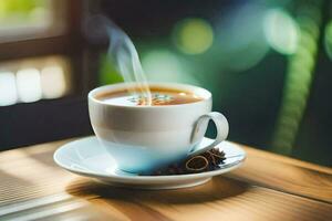 a cup of coffee with a steaming cup of coffee on a wooden table. AI-Generated photo