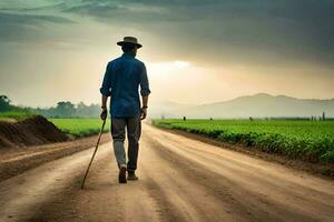 un hombre caminando abajo un suciedad la carretera con un caña. generado por ai foto