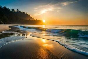 the sun rises over the ocean and the waves crash into the shore. AI-Generated photo