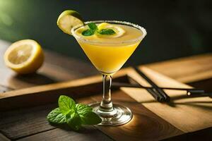 a cocktail with lemon and mint on a wooden table. AI-Generated photo