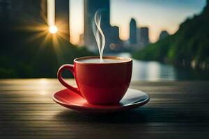 a cup of coffee on a wooden table in front of a cityscape. AI-Generated photo