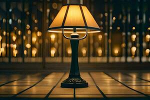 a lamp on a table in front of a window. AI-Generated photo