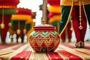 a colorful pot sitting on a red carpet. AI-Generated photo